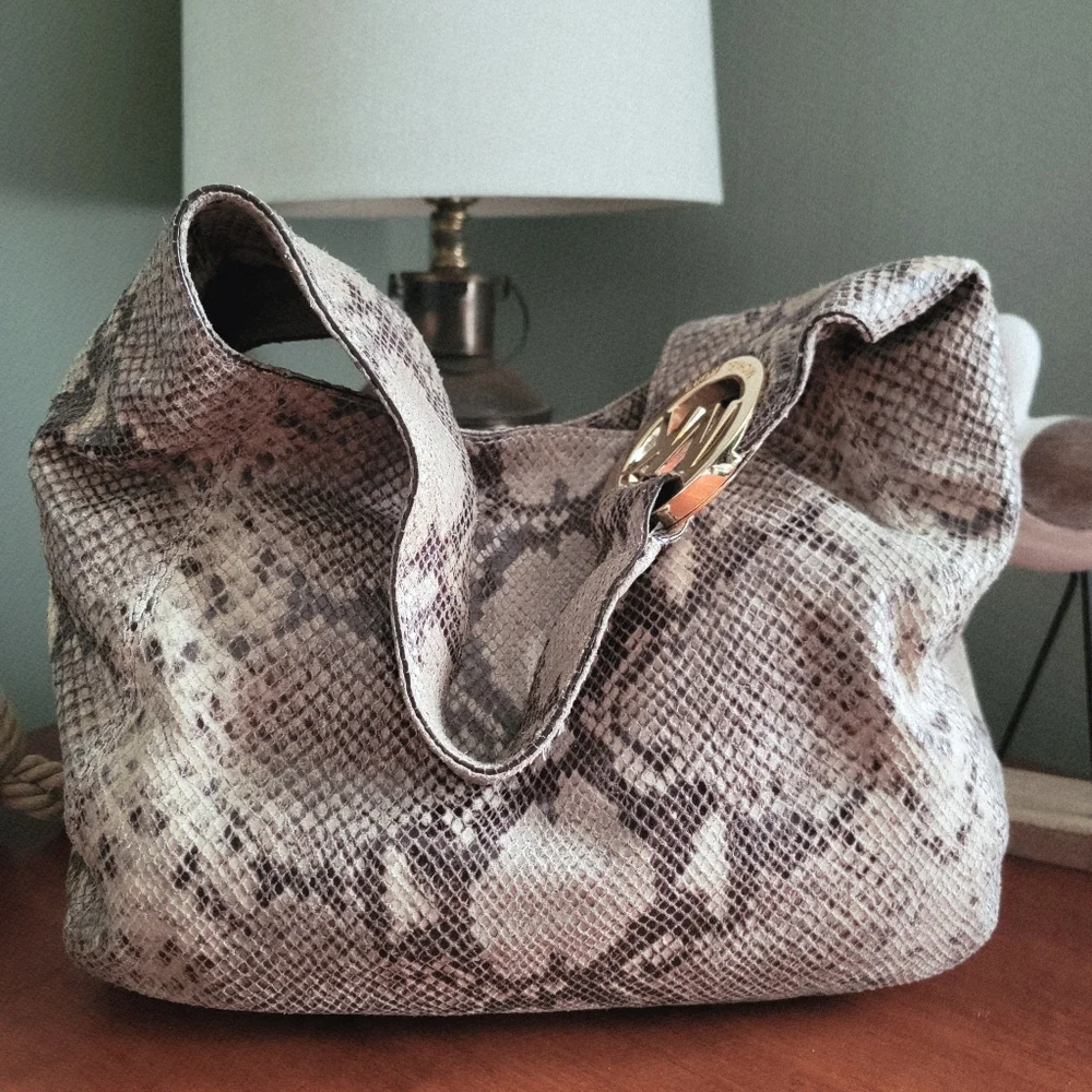 Michael Kors Jet Set Hobo Taupe Python Embossed Leather Shoulder Bag
